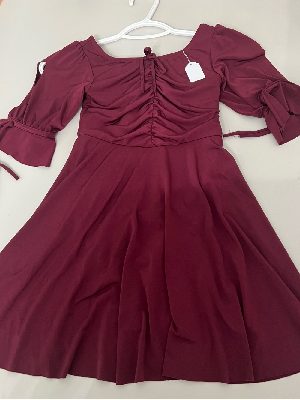 Weissman Burgundy Ruched Bodice Puff Sleeve Dance Dress